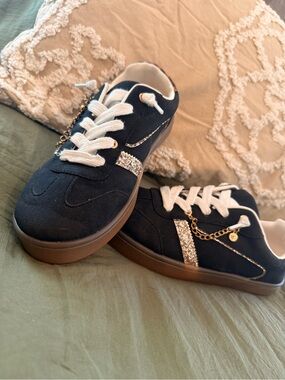 Jellypop Black Athletic Sneakers with Gold Chain and Glitter Stripe
